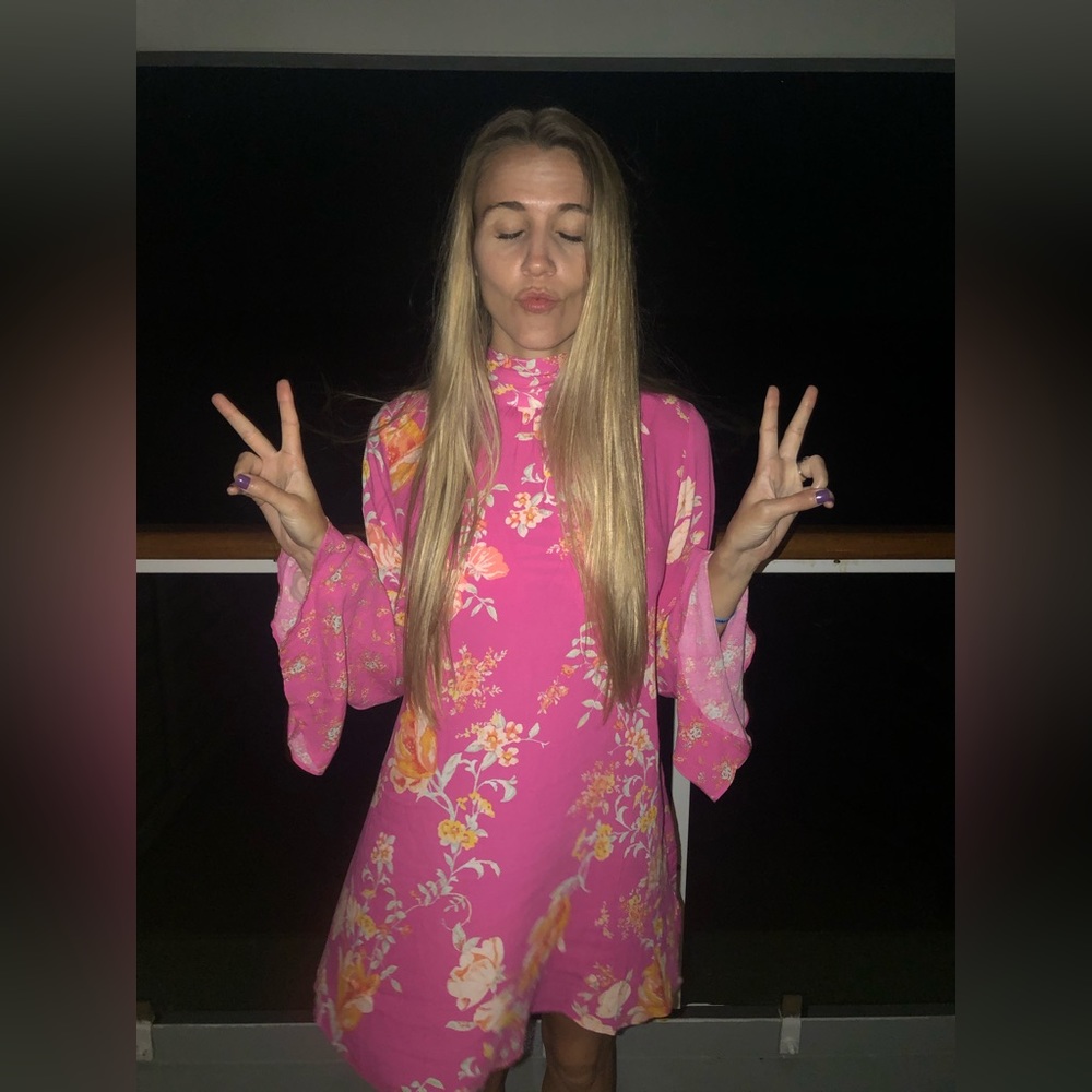 Free People Bell Sleeve Floral Pink Mini Dress